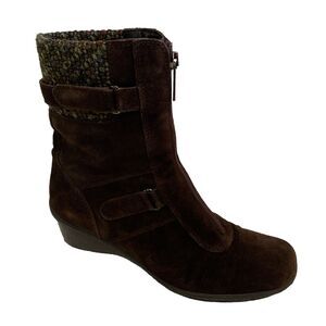 Aquatalia Brown Ankle Boot Wedge Heel Front Zip Suede Knit Cuff Waterpro…